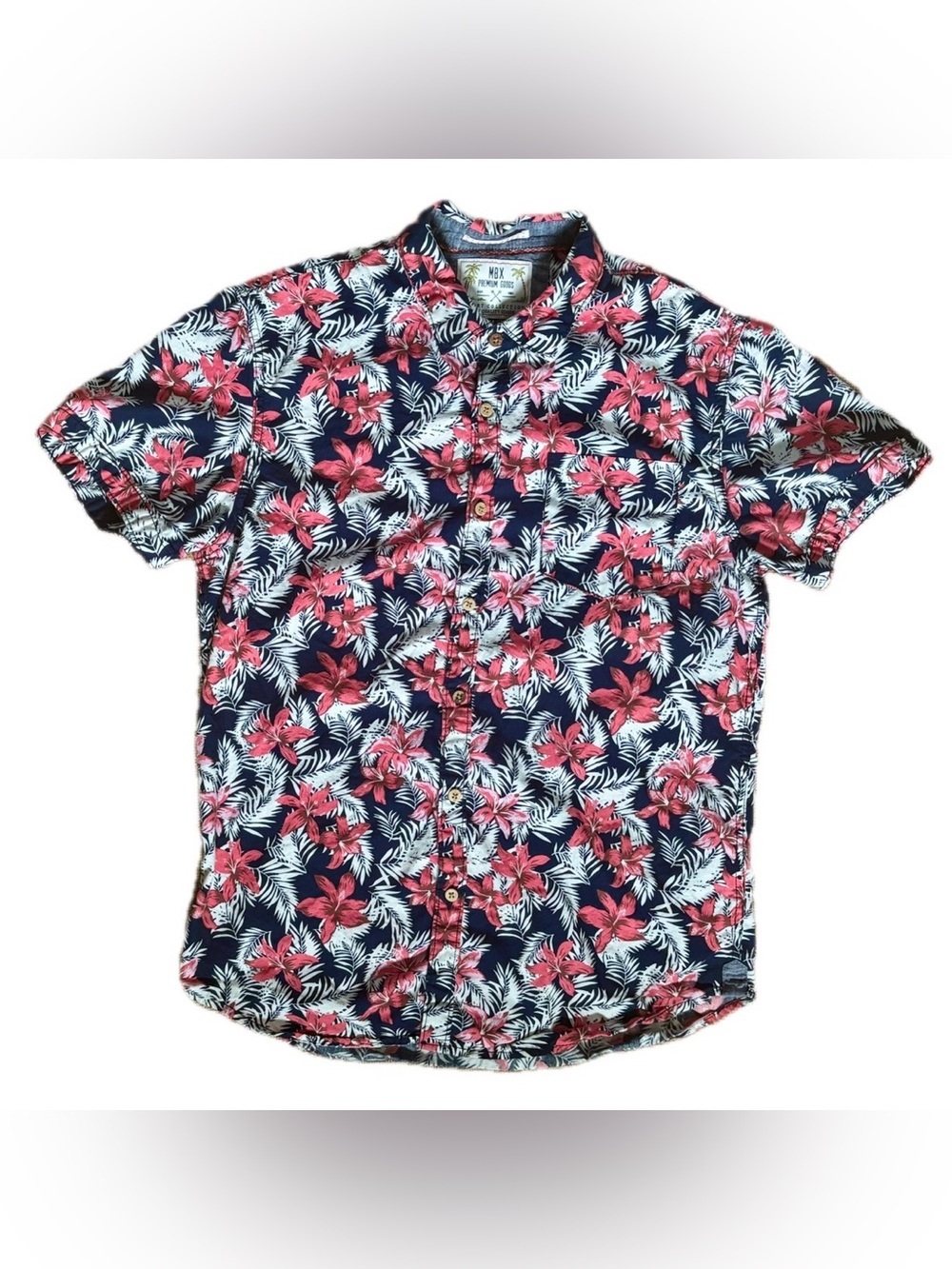 MBX Premium Goods Hawaiian Shirt Sz Medium Floral Pink Flowers Tropical Skater